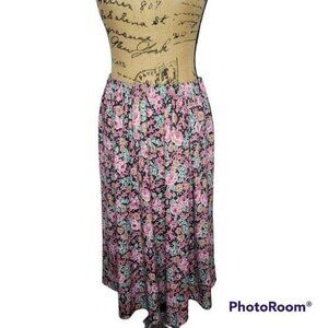 Vintage 80's Dark Boho Pink Rose Floral Midi Skirt